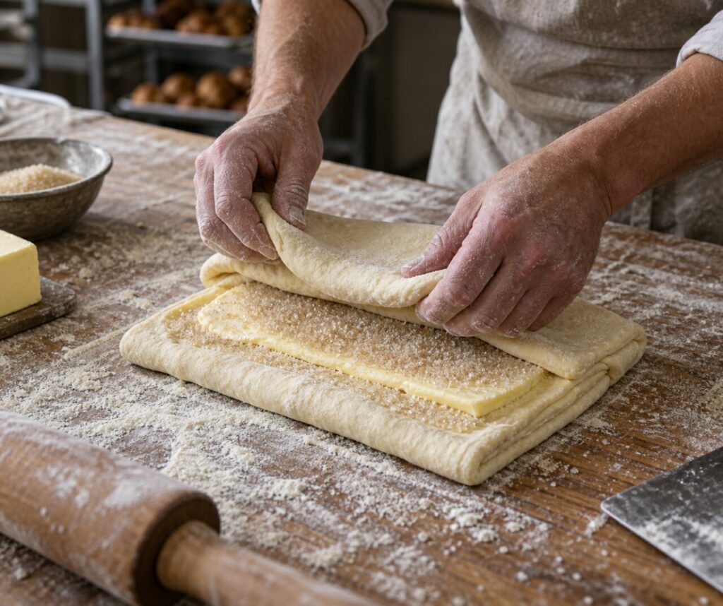 Folding kouign-amann dough with butter and sugar