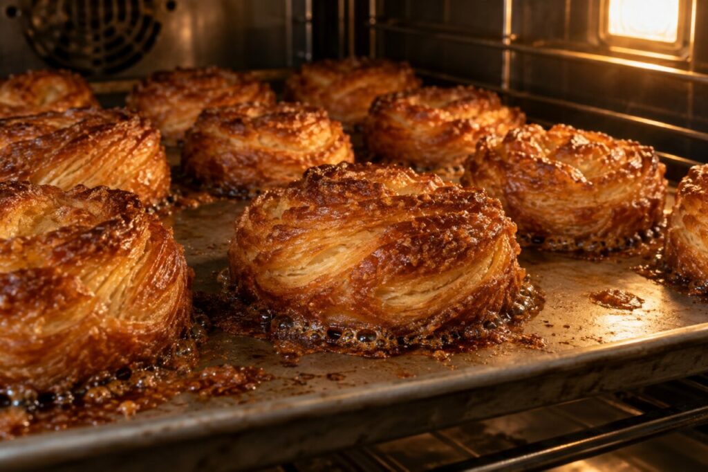 Kouign-amann pastries baking on a bakery tray