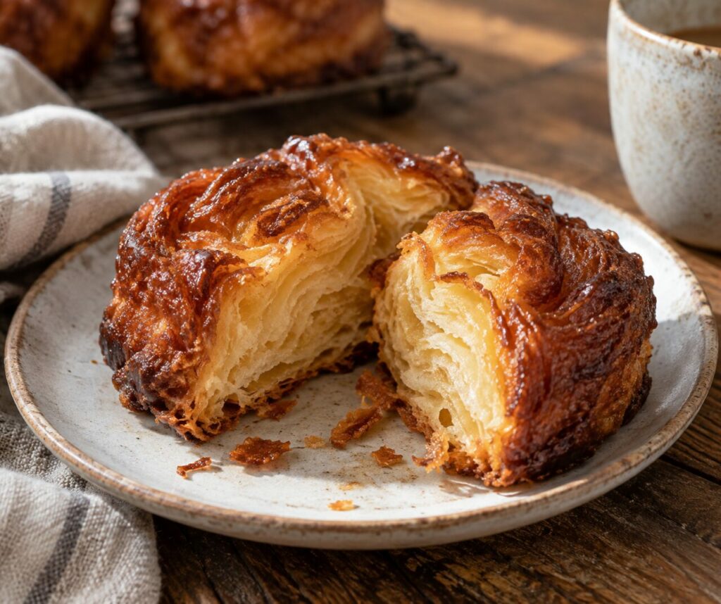 Cut kouign-amann showing its layered interior