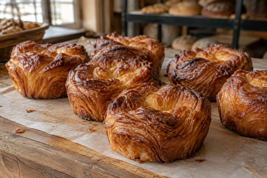 Présentation de kouign-amann dorés sur papier au comptoir de boulangerie