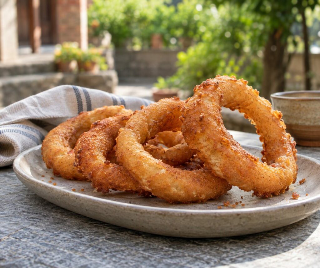 Amber sel roti rings arranged across pale stoneware