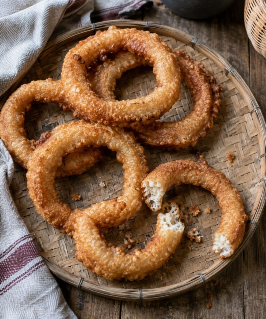 Sel roti rings cooling on woven bamboo