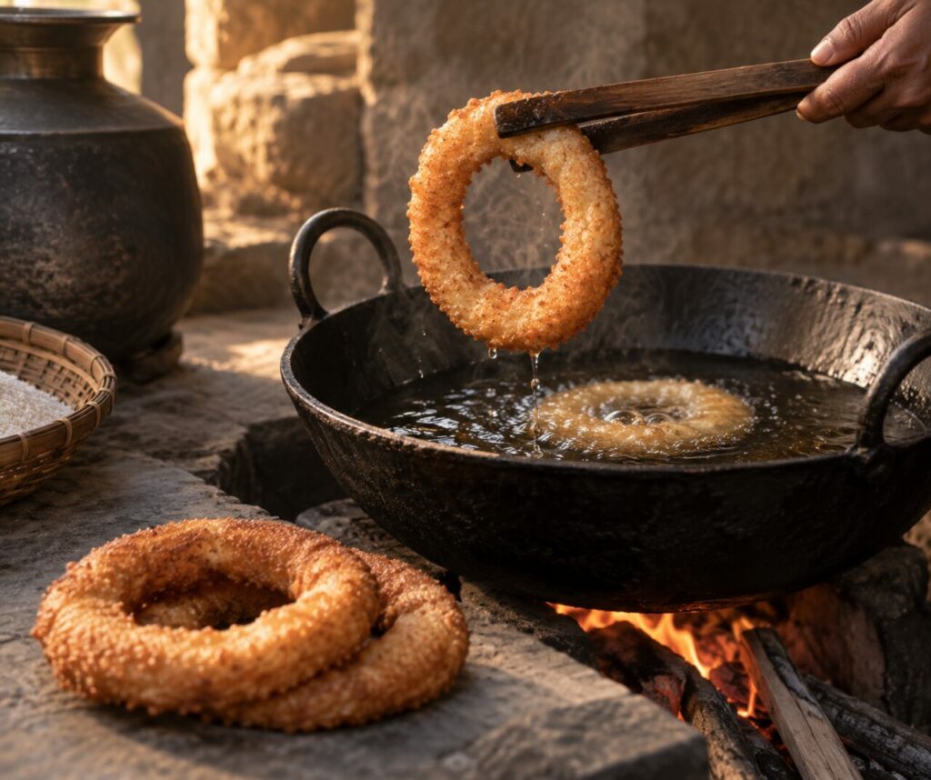 A golden sel roti lifted from a cast-iron pan