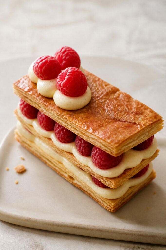 Framboises en trio sur la crème du mille-feuille