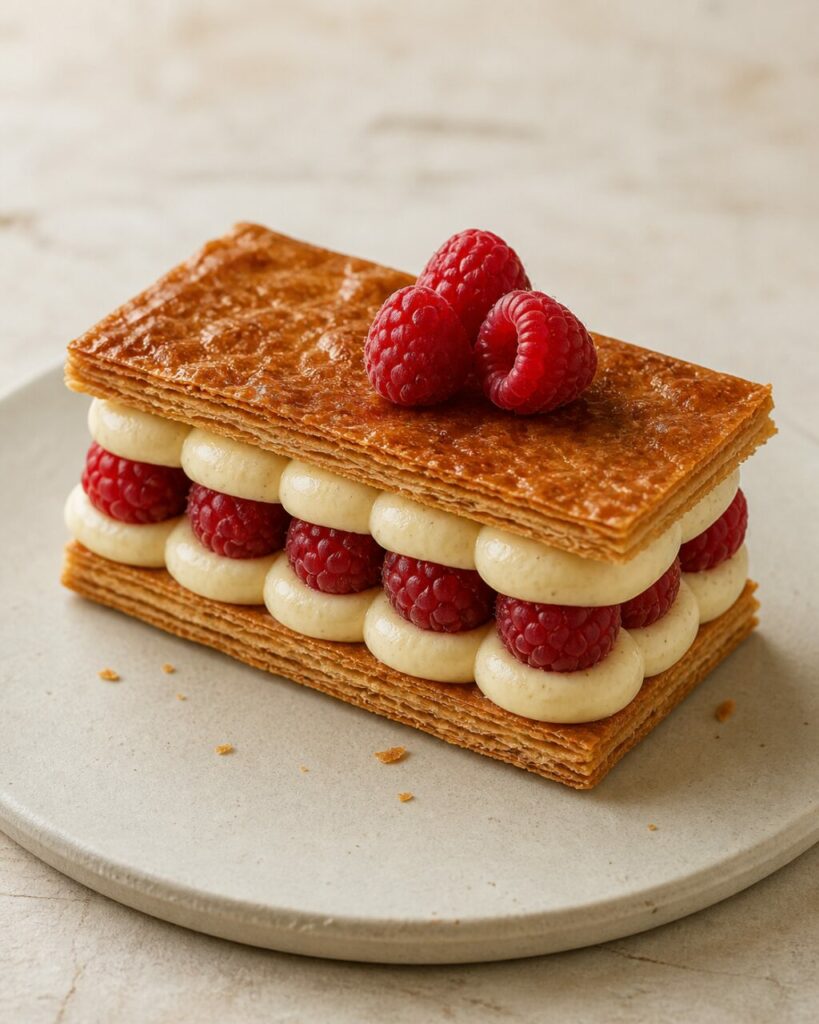 Framboises entières nichées dans le mille-feuille aux framboises