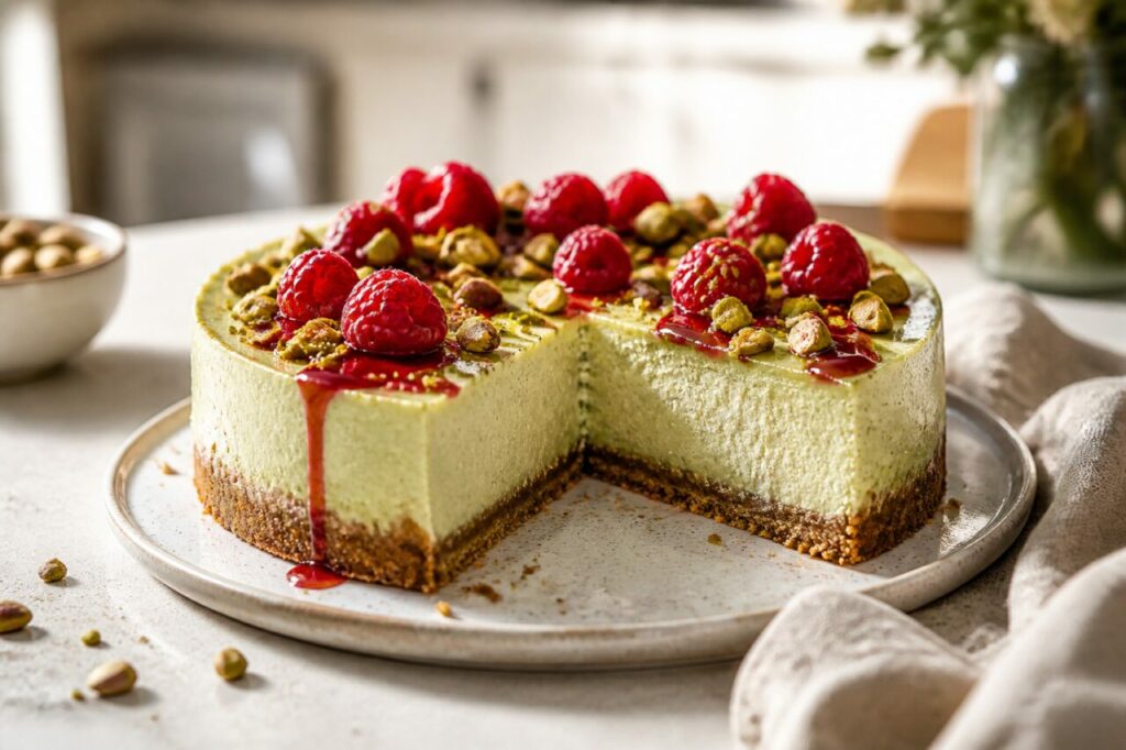 Framboesas e pistácios coroam o cheesecake de pistácio e framboesas
