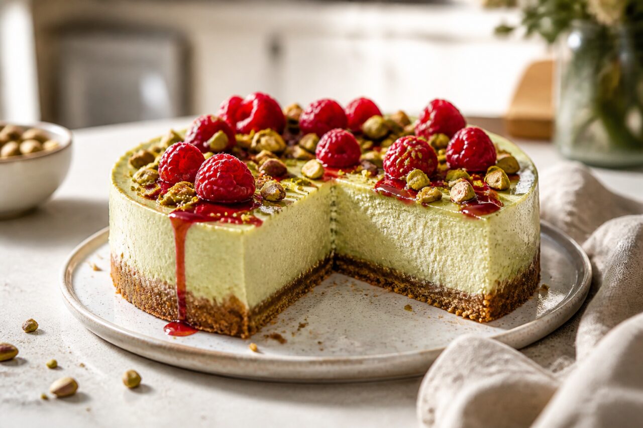 Ruby berry topping and chopped pistachios finish the pistachio raspberry cheesecake