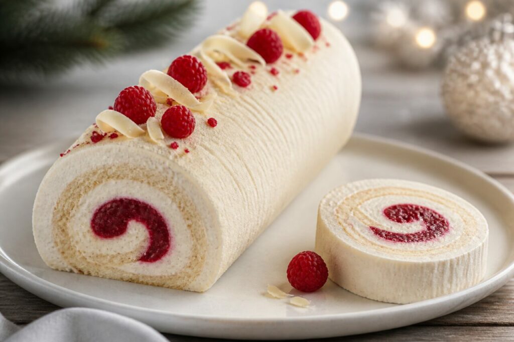 Framboises fraîches sur la bûche vanille-framboise au chocolat blanc