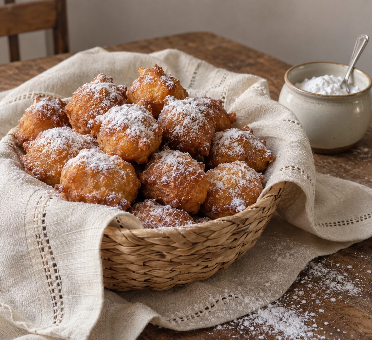 Fritule dorées dans un panier tressé bordé de linge blanc