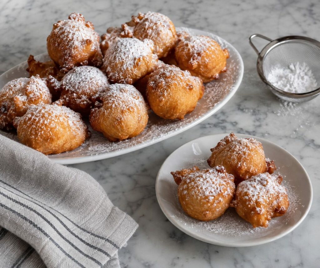 Fritule saupoudrées entre une grande assiette et une petite soucoupe