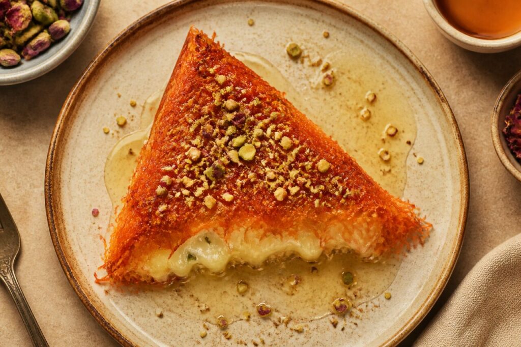 Gesmolten kaas vormt de witte kern in rode kunafa nabulsiyeh