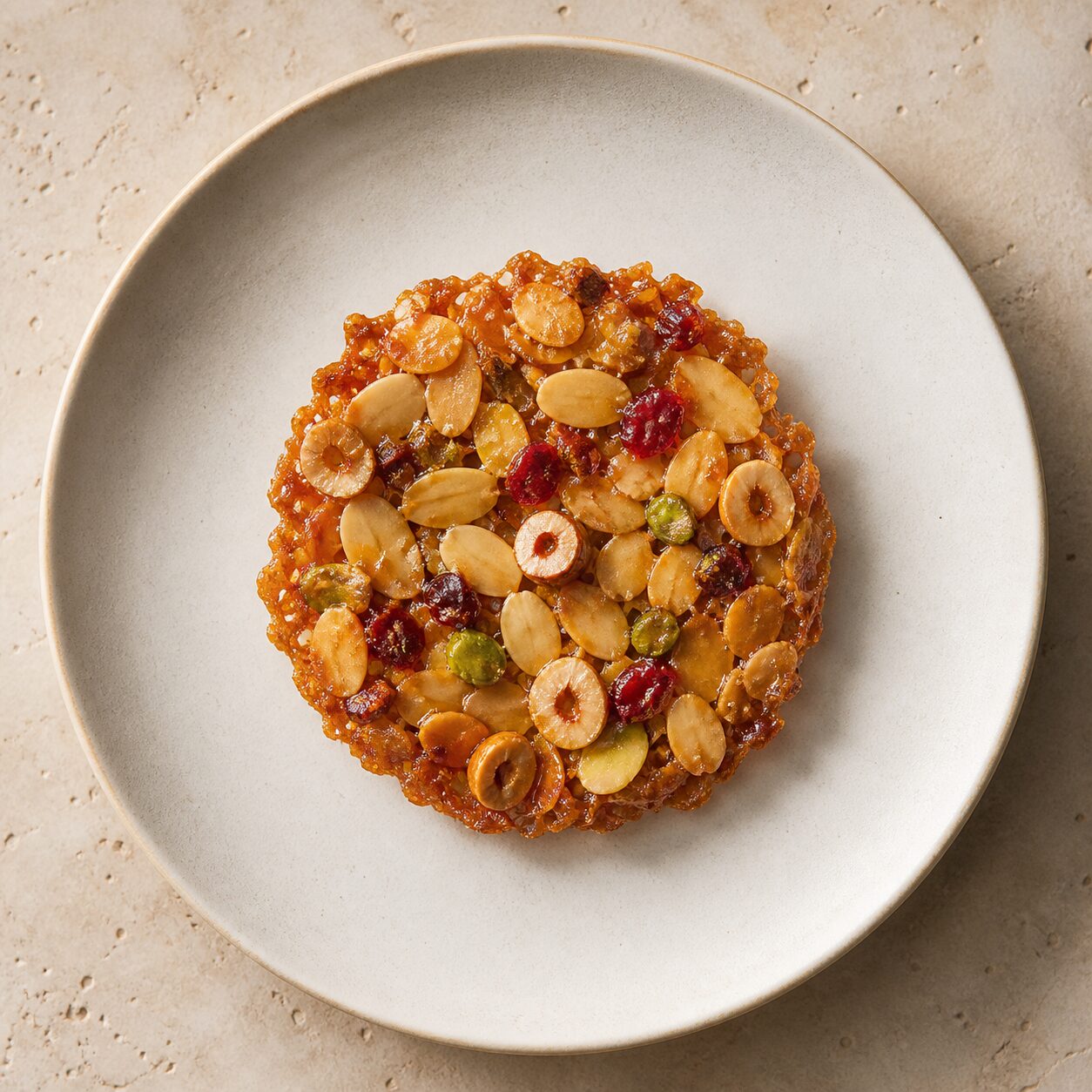 Caramel holds red fruit pieces in the Florentine biscuit