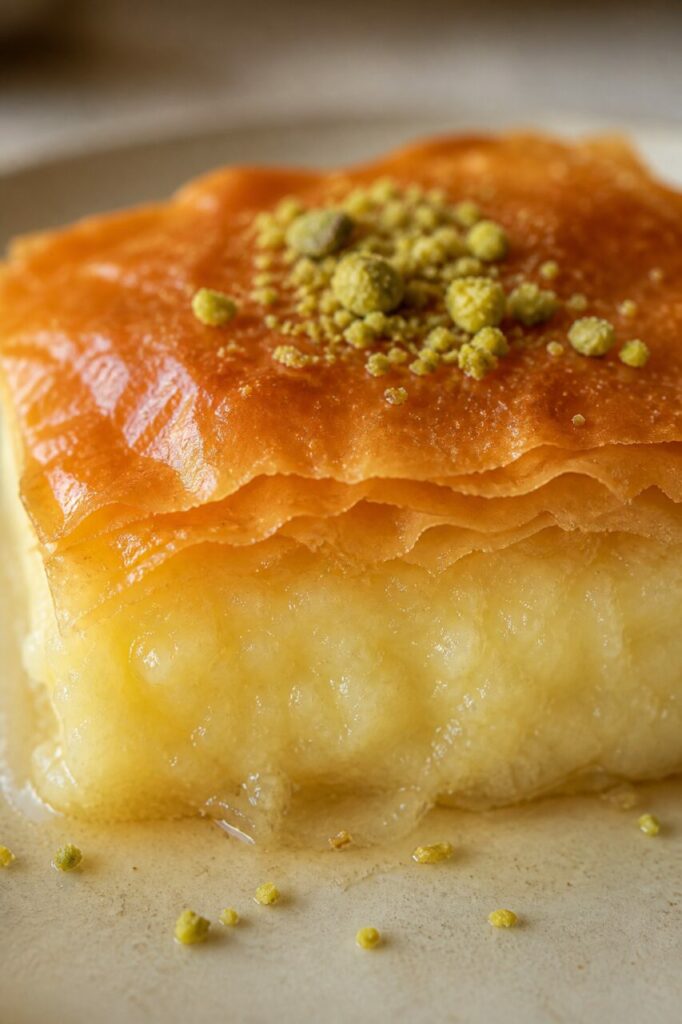 Pâte filo dorée, crème et pistaches du galaktoboureko