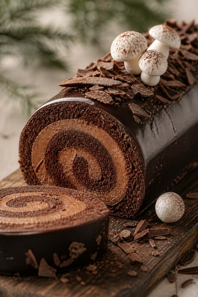 Ganache sombre entre les tours de biscuit de la bûche au chocolat noir