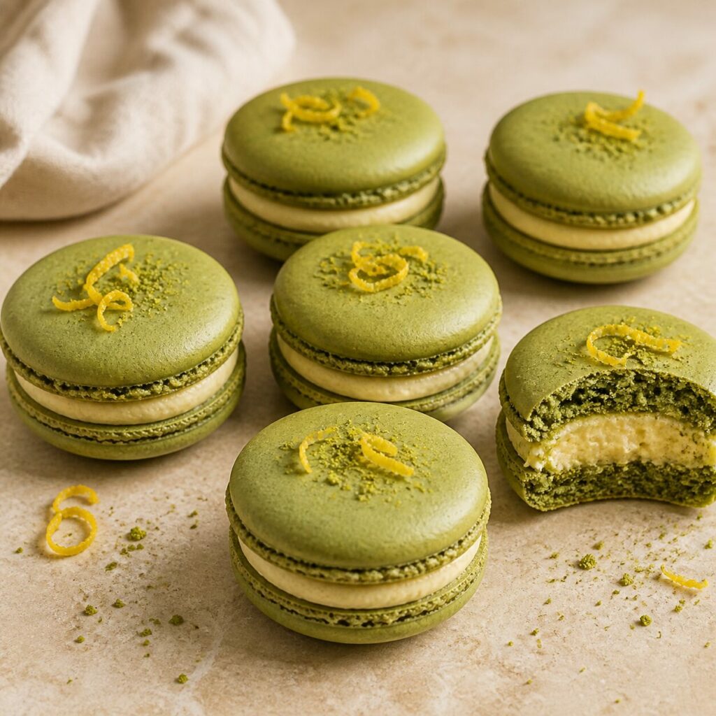 Garniture jaune du macaron matcha-yuzu révélée par une bouchée