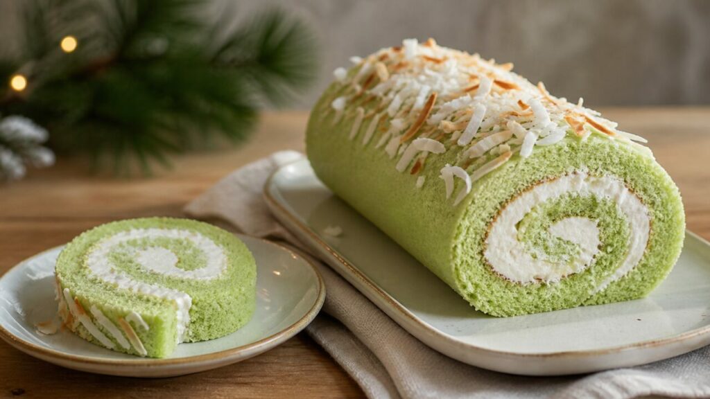 Lush filling lies beneath toasted coconut on the pandan roll cake