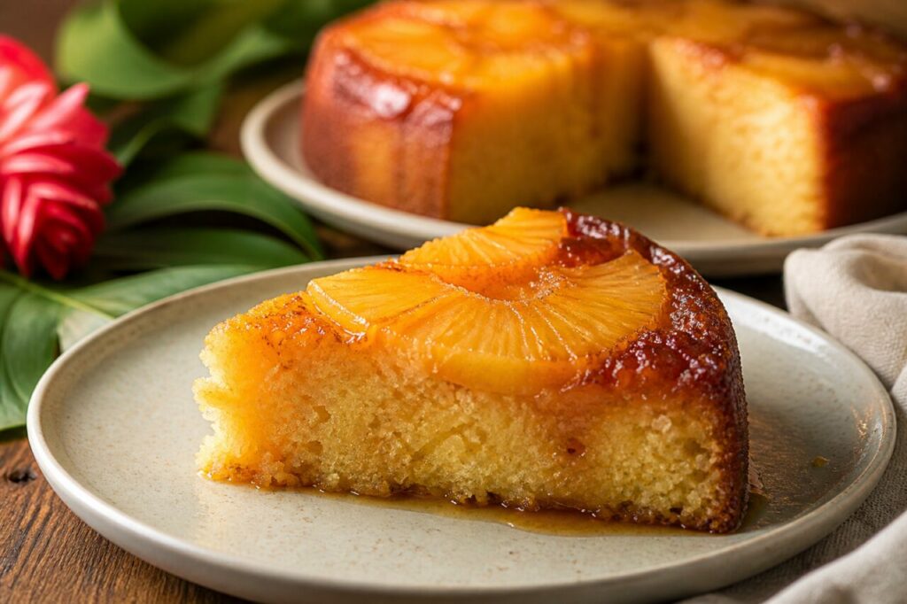 Porción de pastel caribeño de piña caramelizada