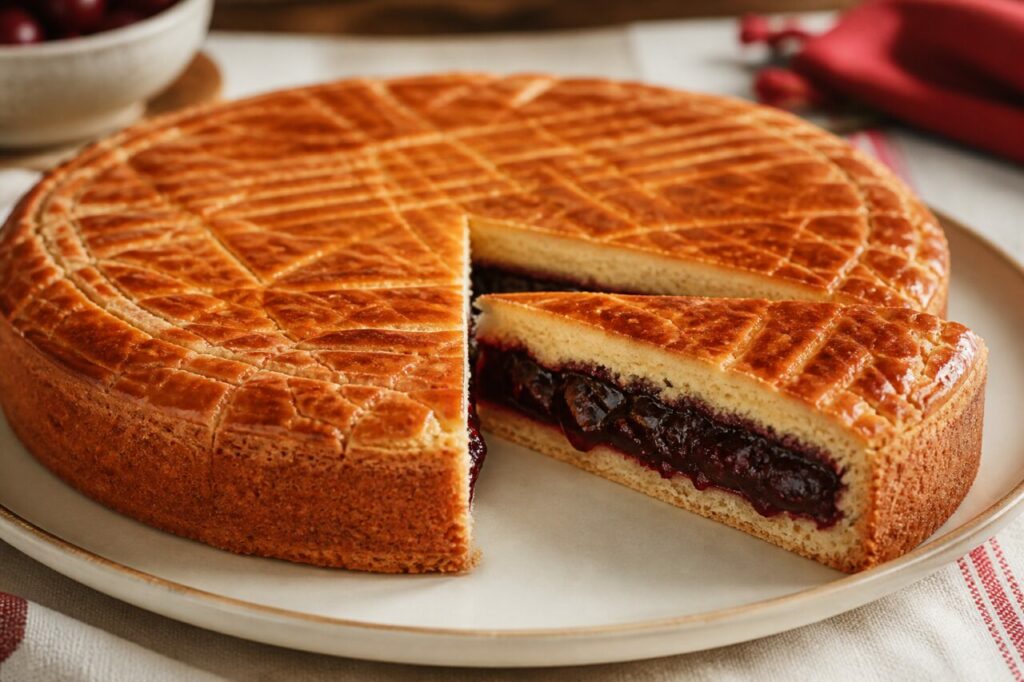 Cerises sombres au cœur du gâteau basque ouvert