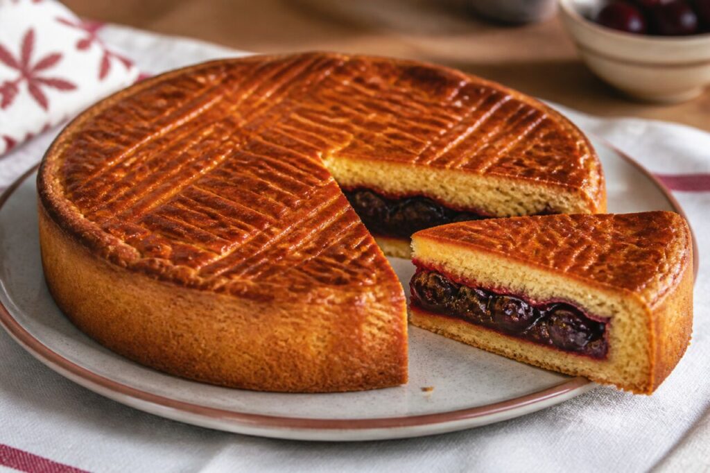 Gâteau basque à la cerise avec une part servie à côté