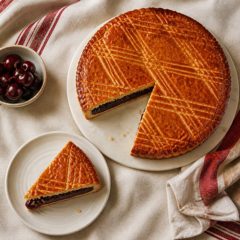 Part individuelle de gâteau basque sur une petite assiette