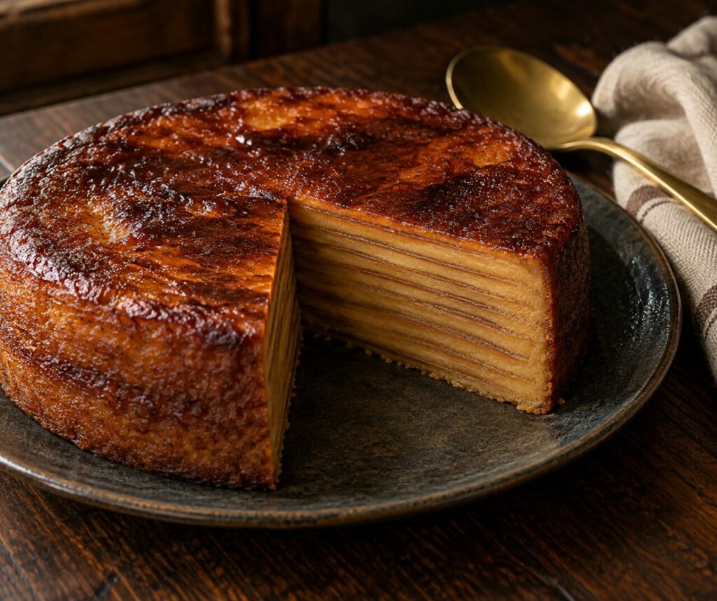 Layered Goan bebinca with an open cut on a dark platter