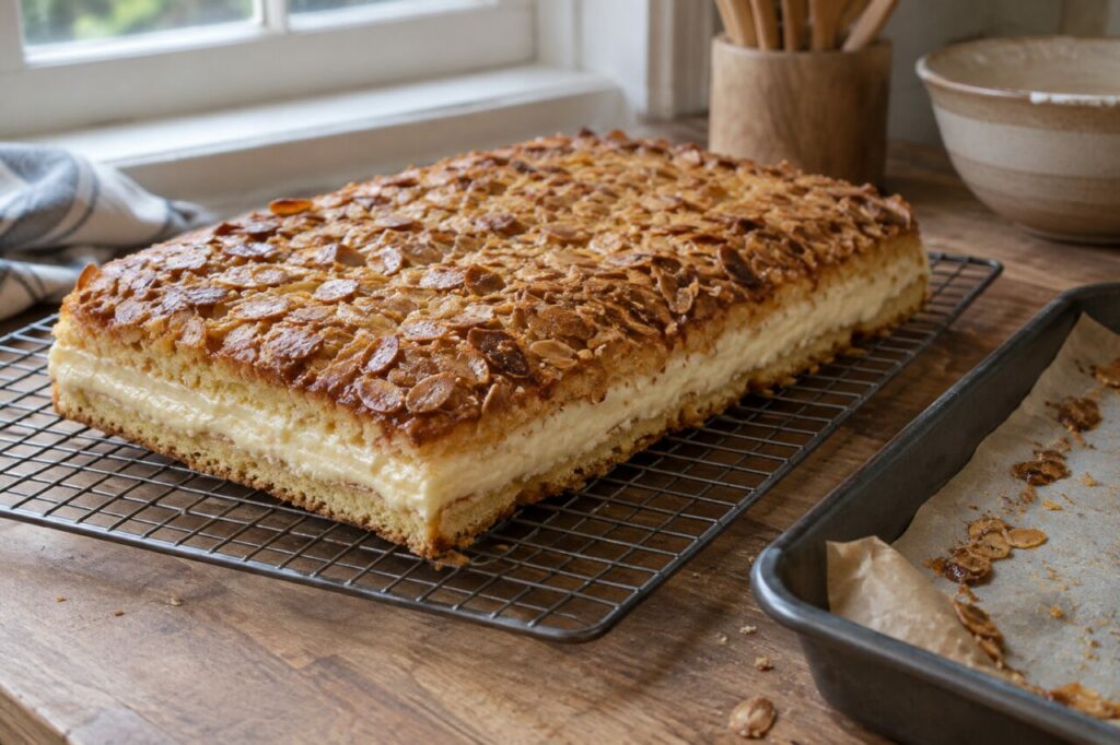 Whole Bienenstich cake in a tin beside a cooling rack