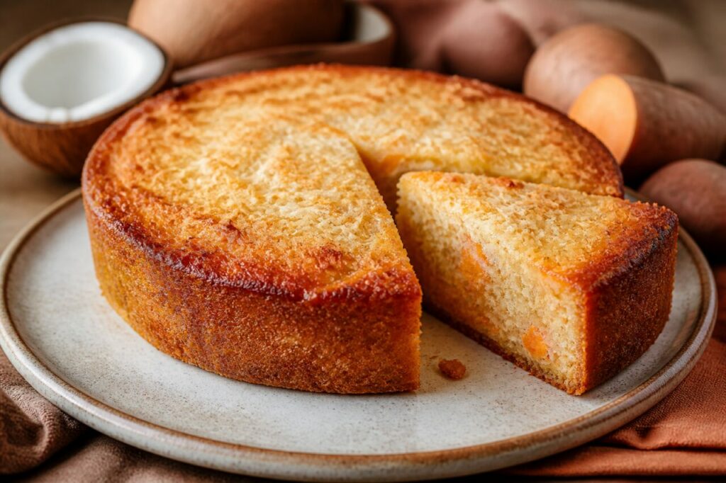 Pastel regional de coco y batata con una porción cortada