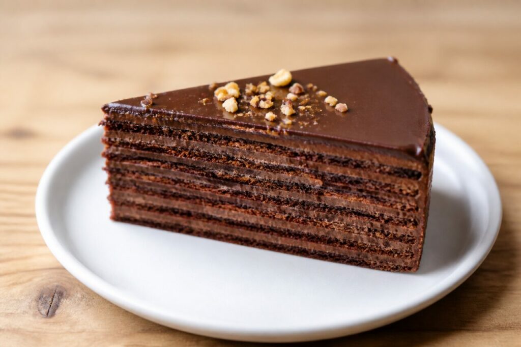 Gâteau Garash bulgare au chocolat, part à fines couches et noix