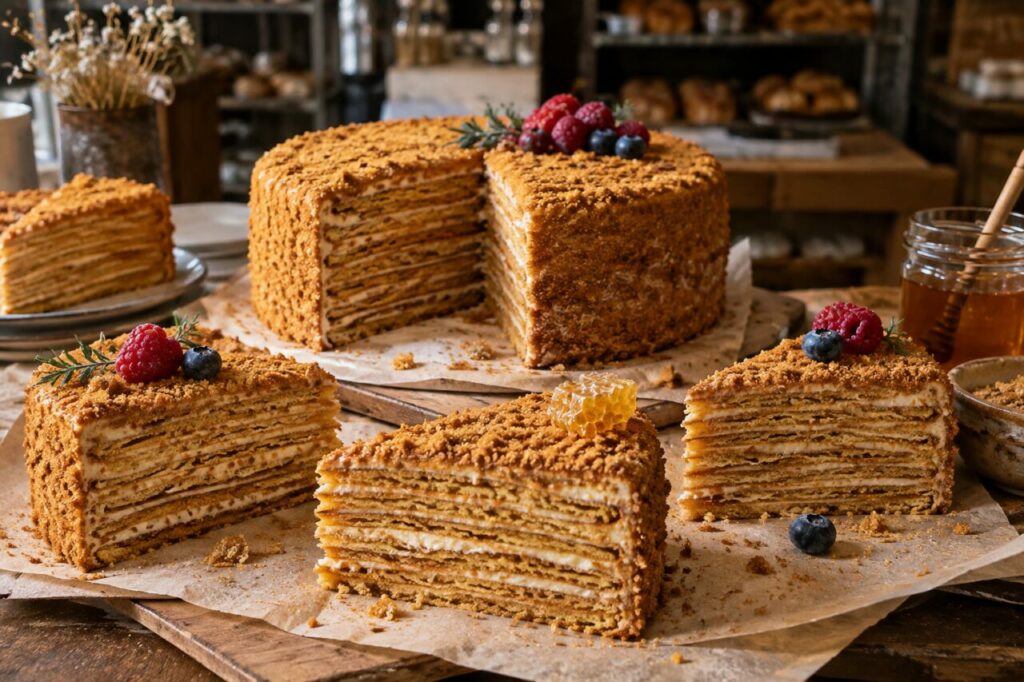 Parts de gâteau medovik disposées sur papier cuisson dans une boulangerie artisanale