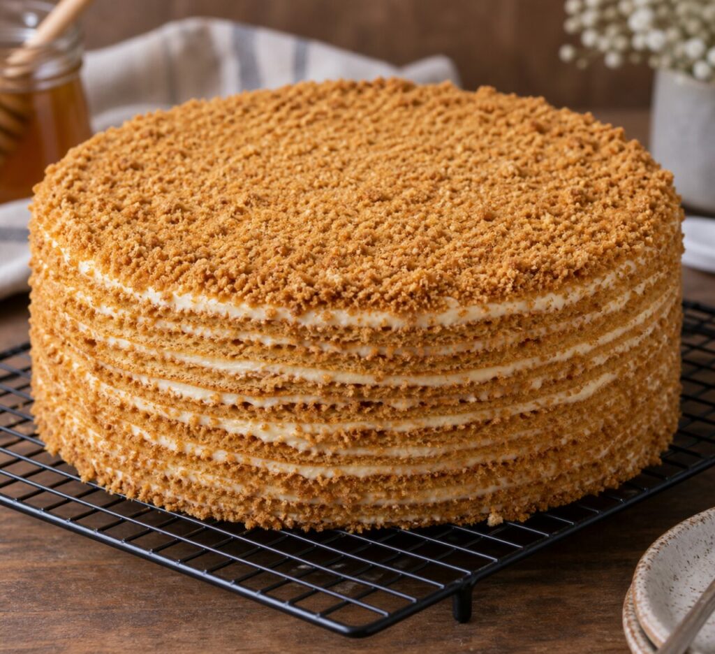 Gâteau medovik refroidissant avec fines couches de miel et crème pâle