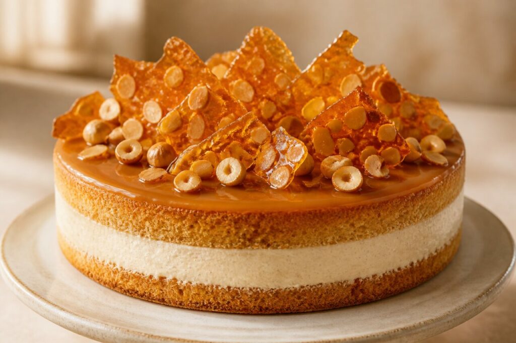 Gâteau nougatine-vanille avec noisettes et crème ivoire