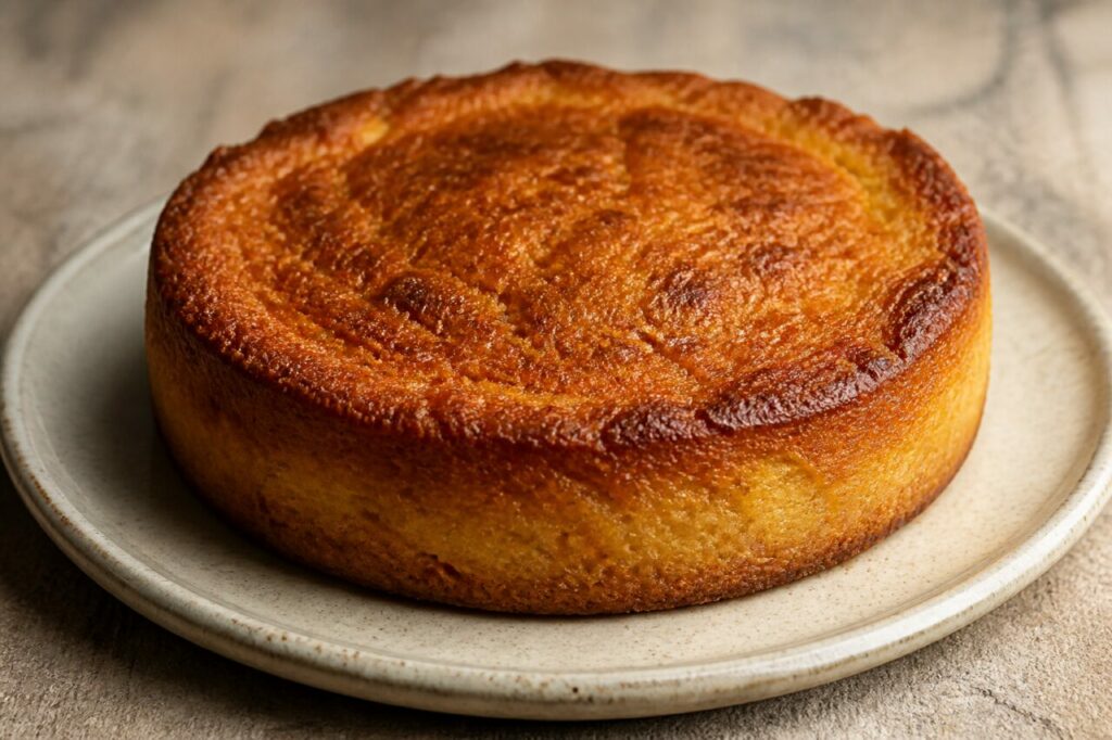 Golden Réunion sweet potato cake on a matte plate