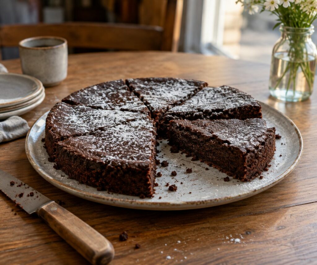 Gâteau rond de torta caprese au chocolat et aux amandes sur un plat avec couteau en bois