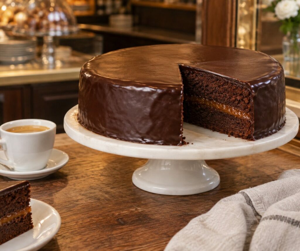Whole Sacher torte on a stand with apricot center and coffee