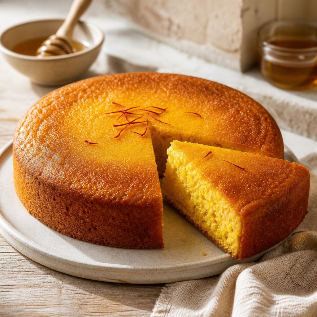 Mel brilhante cobre o bolo de açafrão