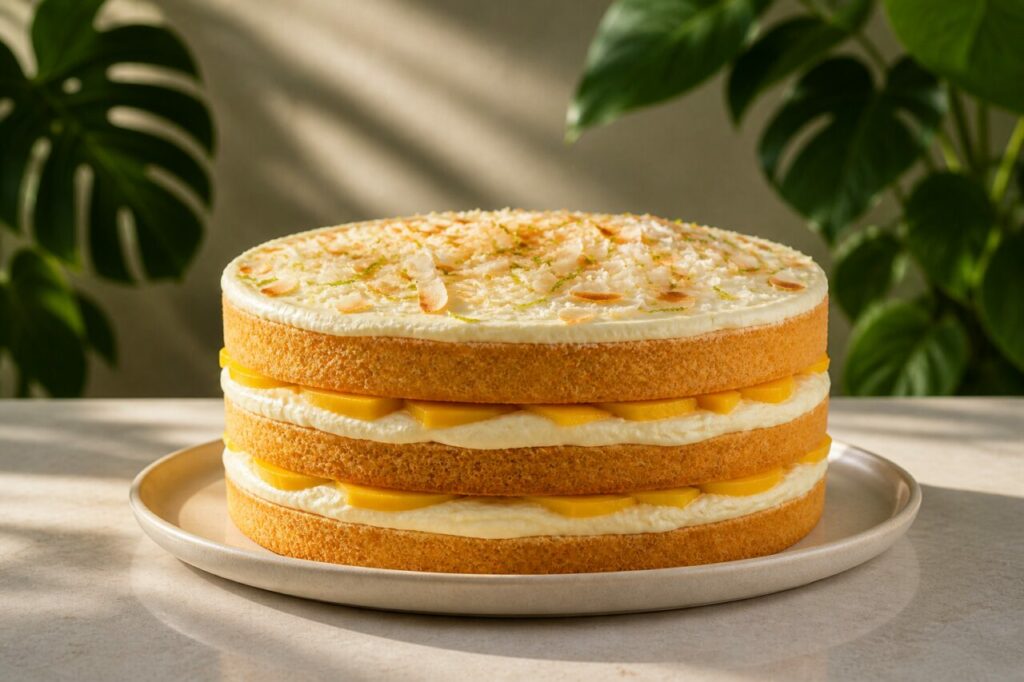Coconut-mango-lime cake, tropical layers