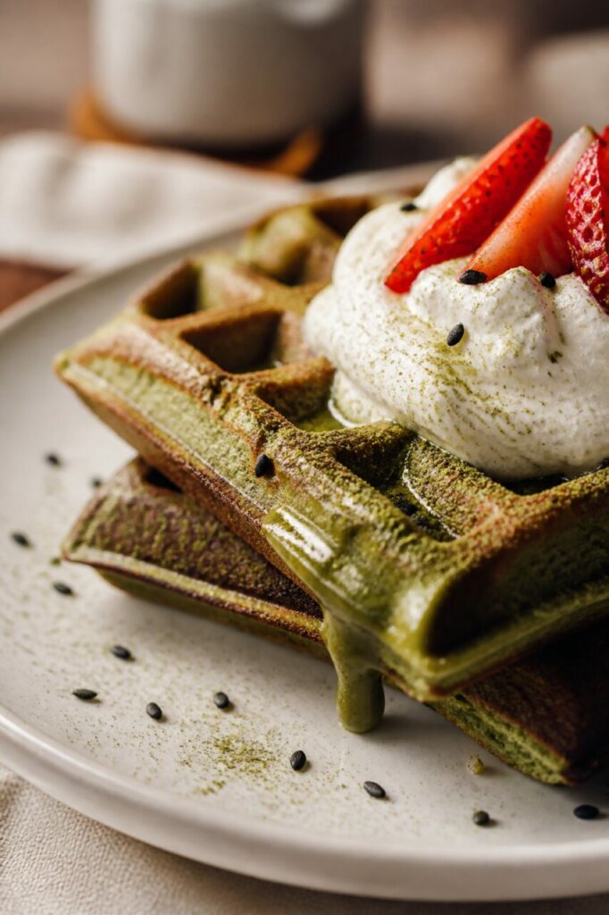 Morceaux de gaufre empilés sous le matcha et la crème