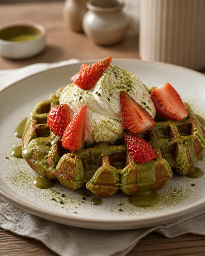 Gaufre ronde au matcha garnie de crème et de fraises