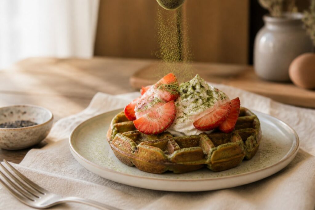 Poudre de matcha tamisée au-dessus de la gaufre