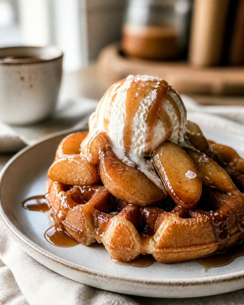 Gaufre carrée aux pommes avec glace vanille