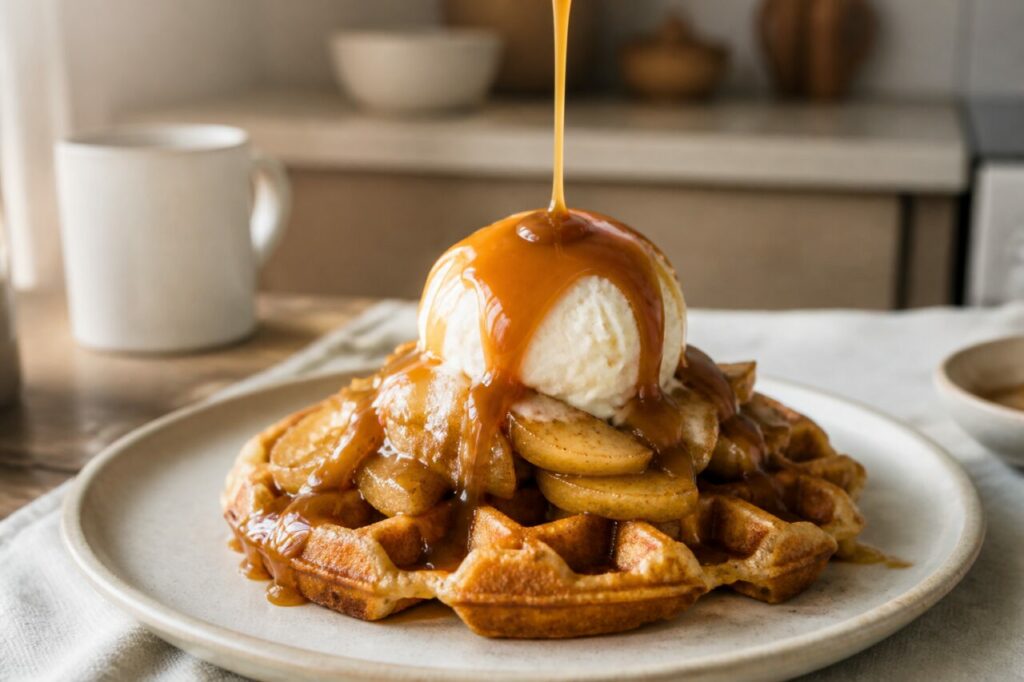 Caramel beurre salé versé sur la glace vanille