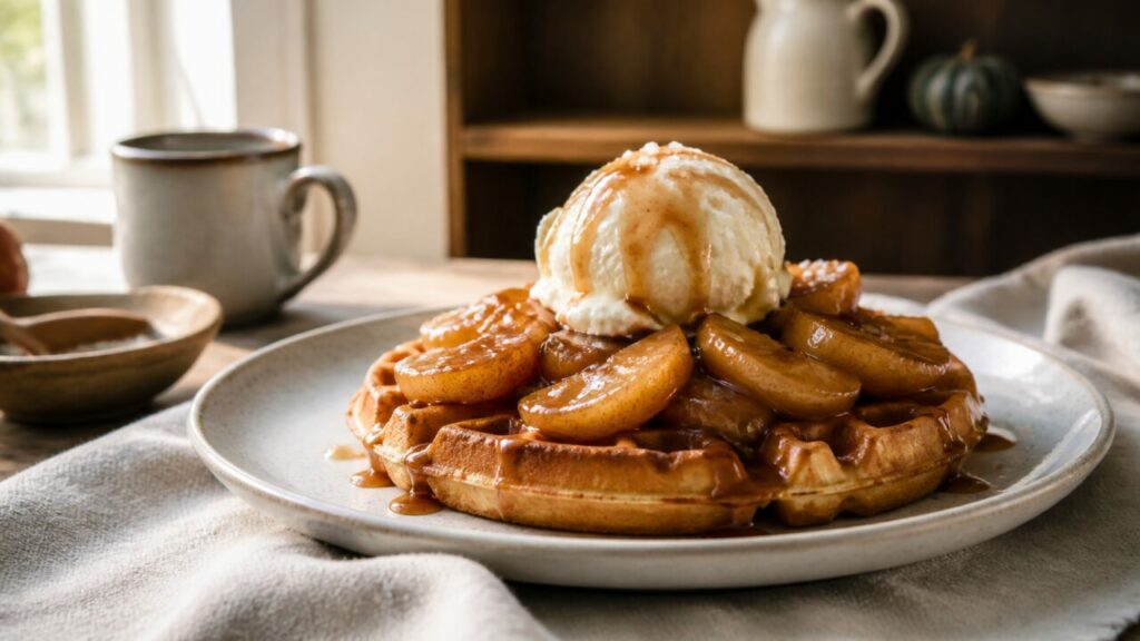Gaufre garnie de pommes et de glace sur la table de cuisine