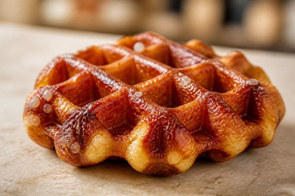 Gaufre de Liège caramélisée au sucre perlé en gros plan
