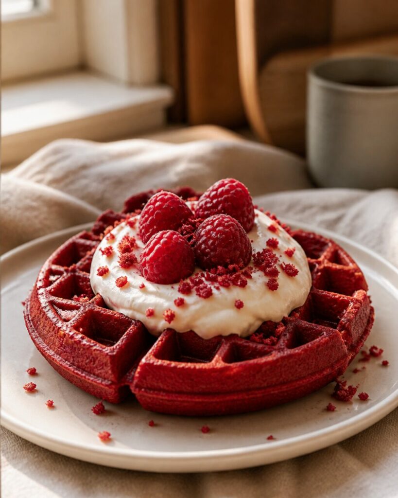 Ronde redvelvetwafel in warm keukenlicht