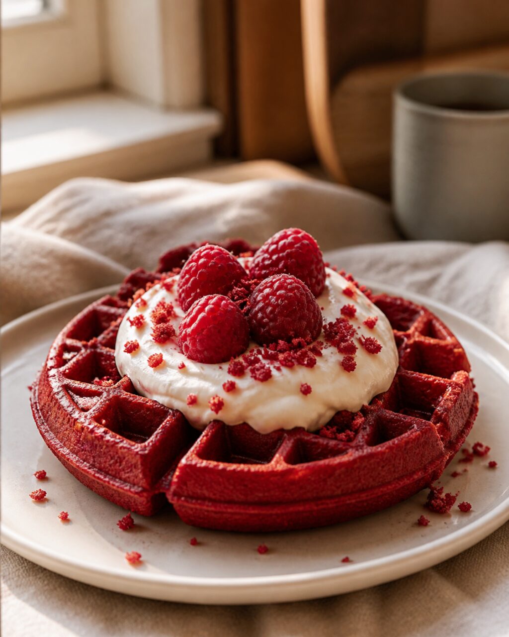 Waffle red velvet redondo sob a luz quente da cozinha