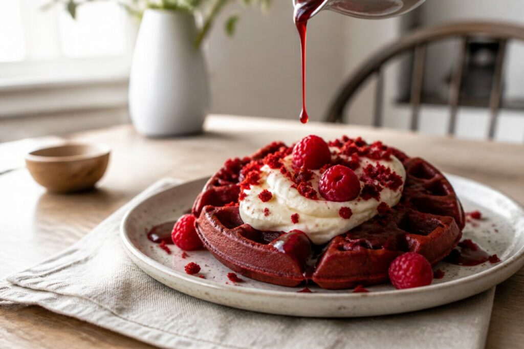 Sirop rouge versé en filet sur la gaufre
