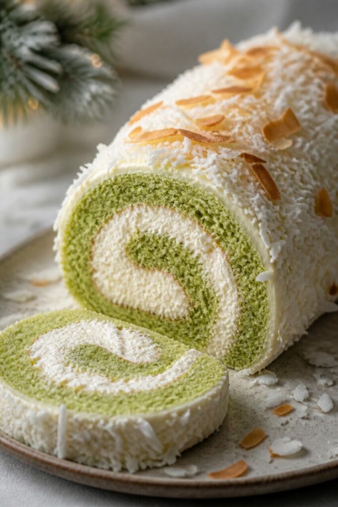 Airy pandan sponge gives the sliced coconut roll cake its green layers