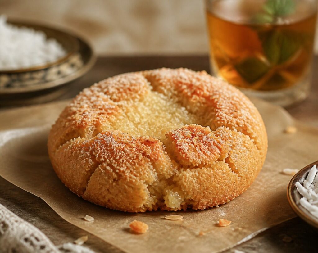 Golden-edged coconut ghriba pairs with hot tea