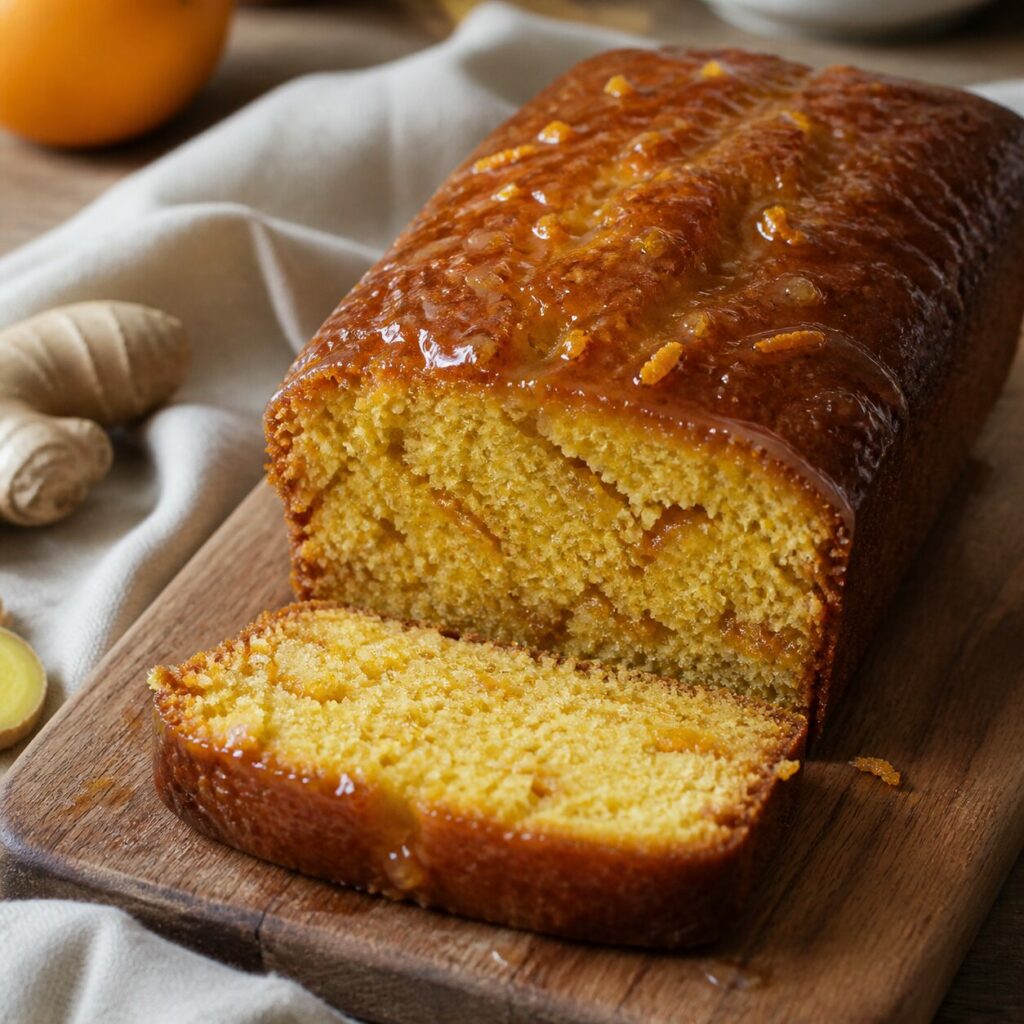 Gengibre e laranja espalhados por uma fatia do bolo de mel