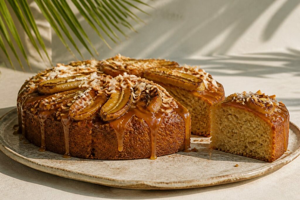 Amber glaze coats the coconut, banana, and rum cake